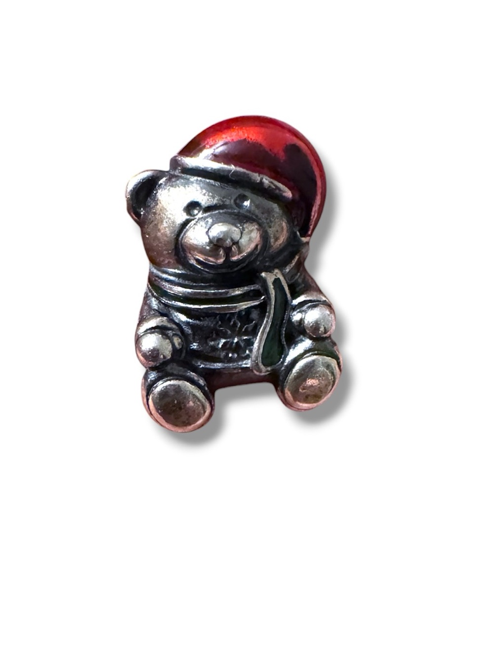 Pandora Silver Christmas Teddy Bear Charm with Red Hat & Green Scarf